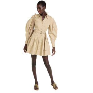 Ulla Johnson Vivenne Pleated Mini Dress Womens 8 Khaki Tan Long Sleeve Cotton